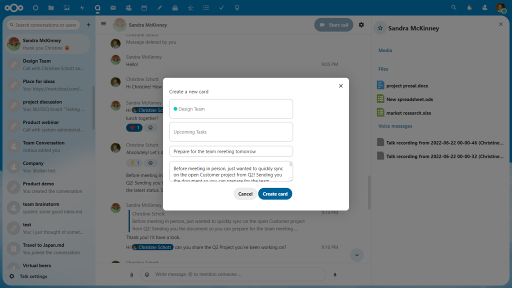 Nextcloud Talk Integrated groupware chat and project management