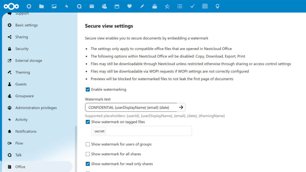 Configuring secure view in Nextcloud Office