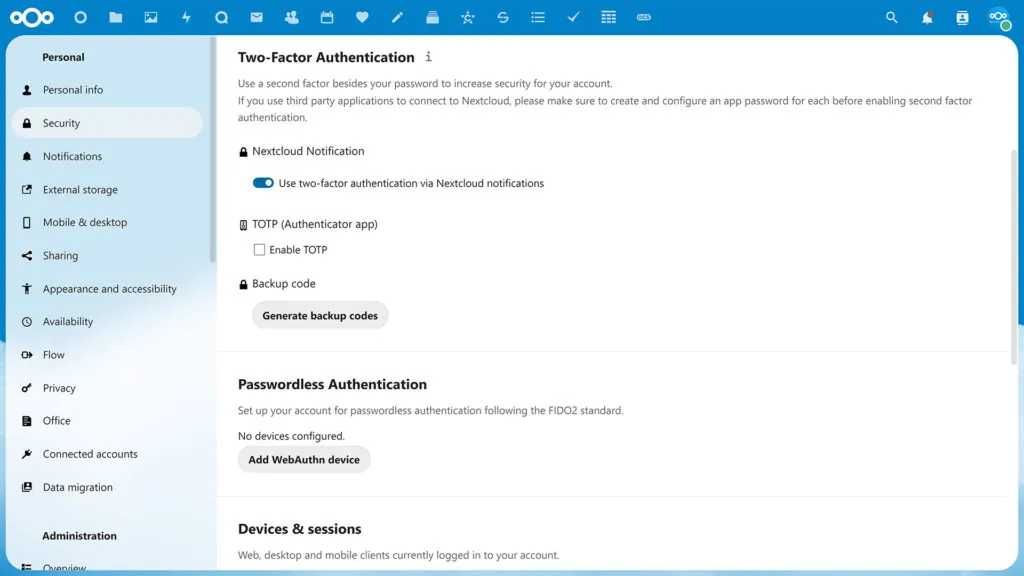 Nextcloud security 2FA authentication