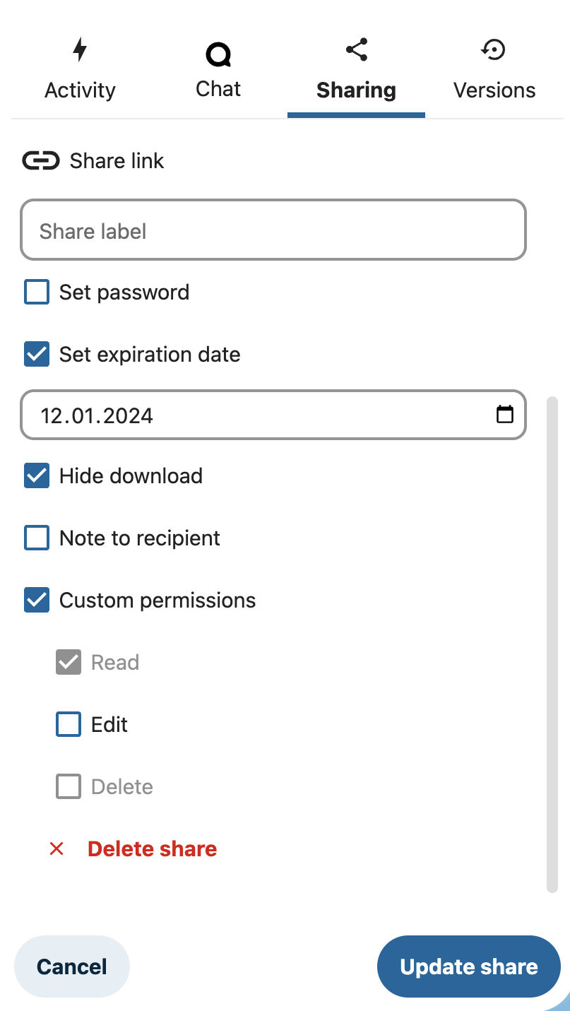 Nextcloud file sharing sidebar menu