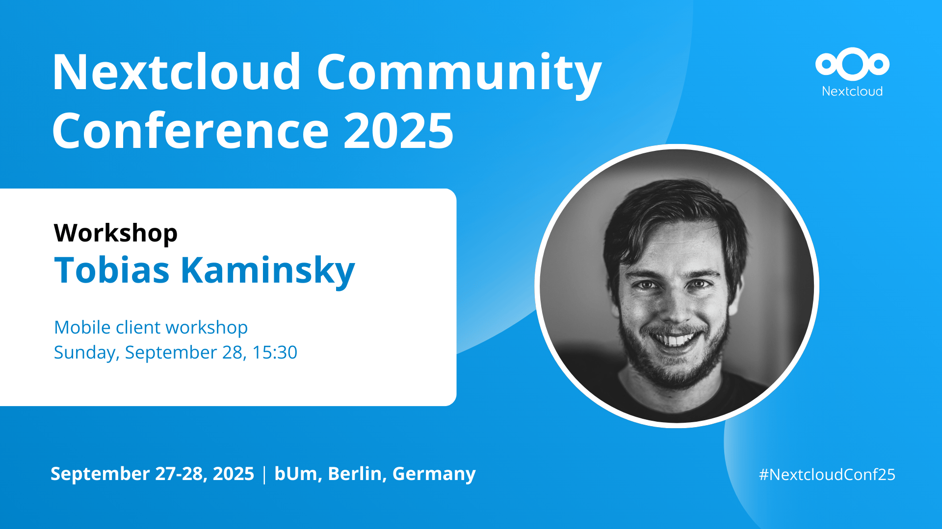 Image card for the Nextcloud Community Conference workshops by Tobias Kaminsky showing the title and a profile pic of Tobias