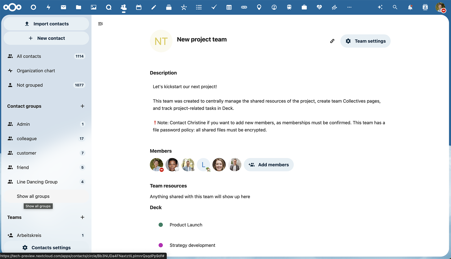 Nextcloud Teams team overview