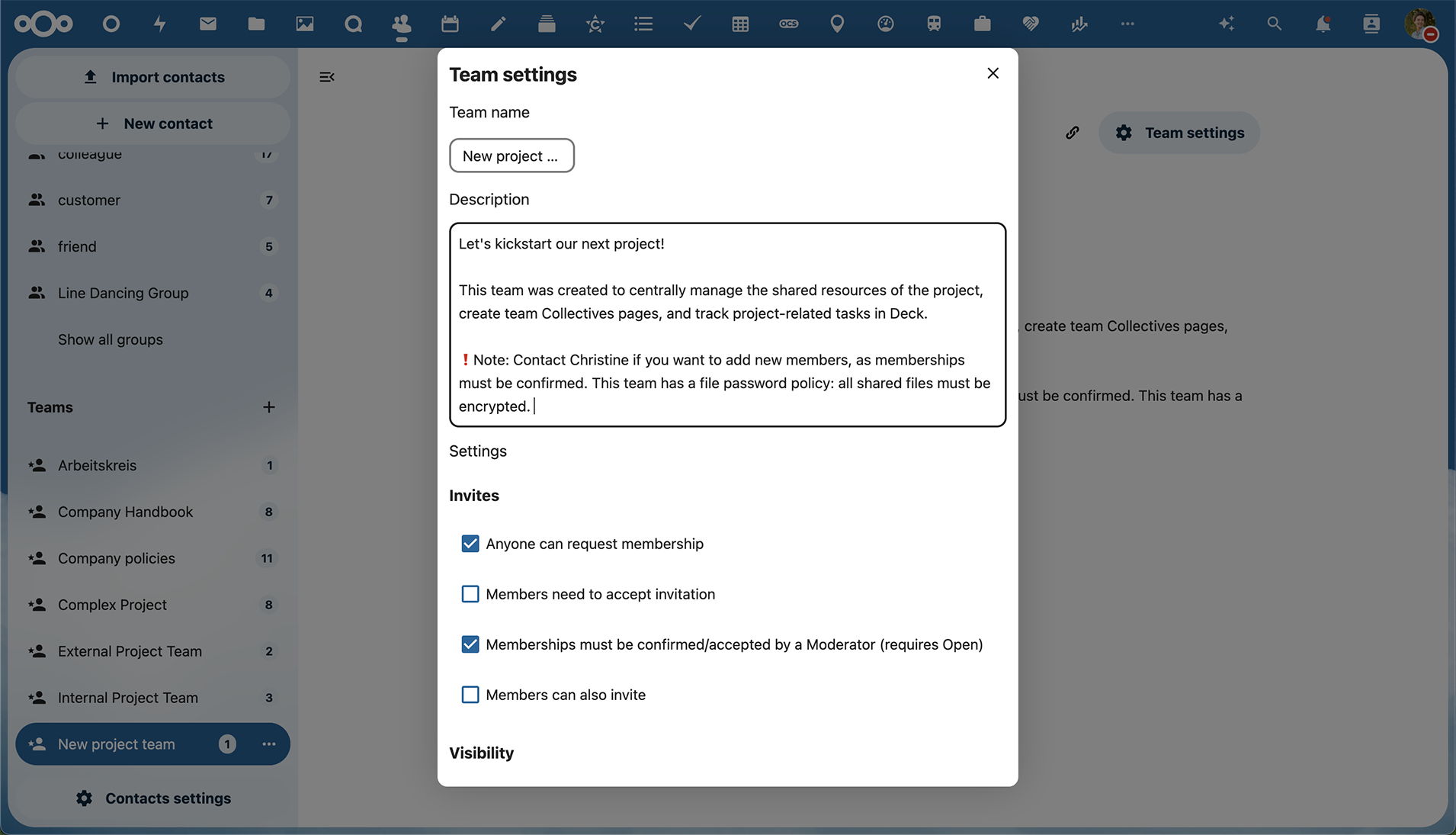 Nextcloud Teams team settings