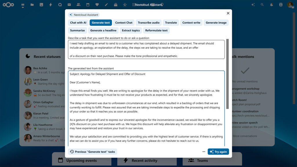 Nextcloud Assistant Hub 9 generate text