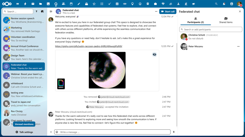 Nextcloud Hub 9 chat fédéré