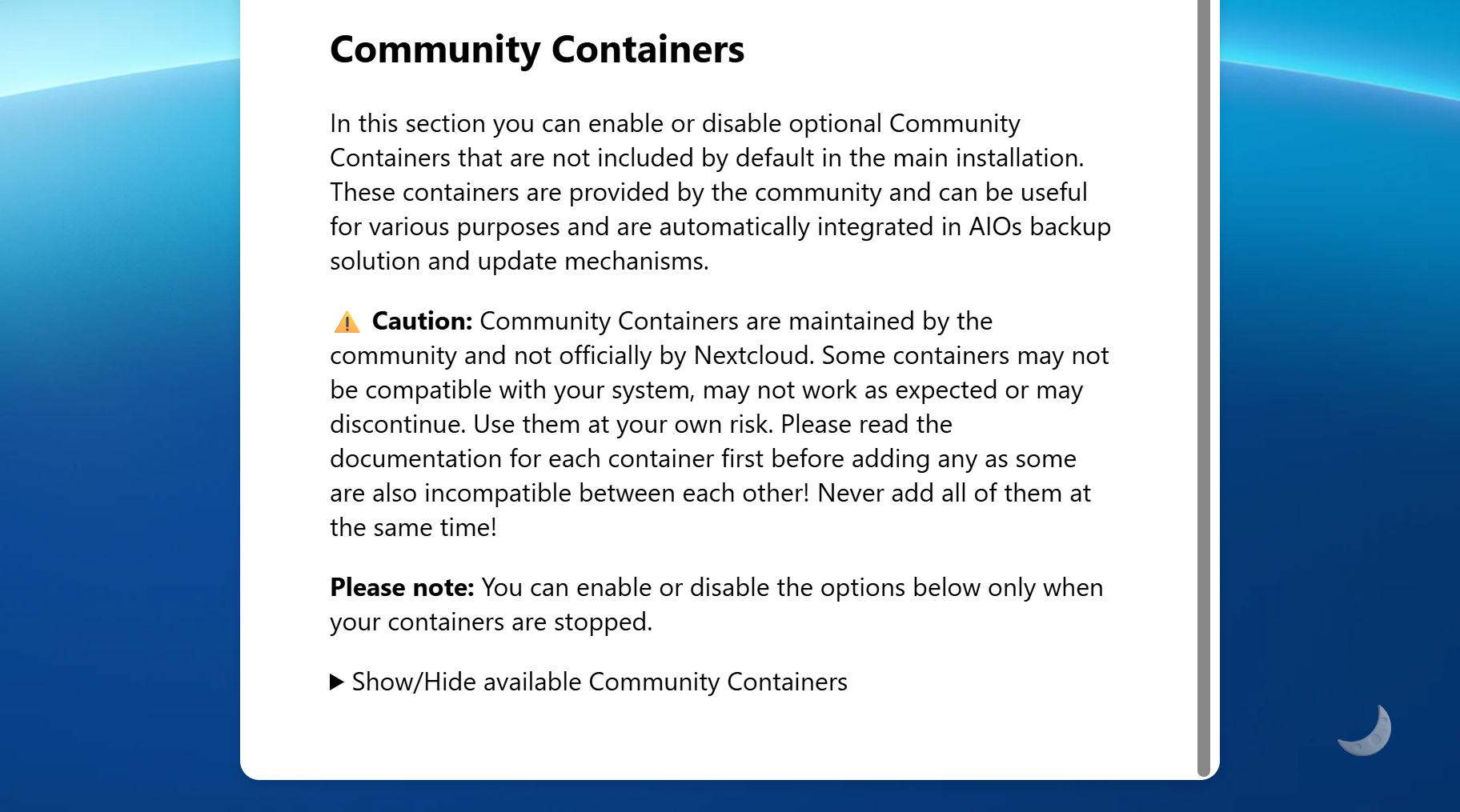 Nextcloud AIO Community Containers - finding the list of containers