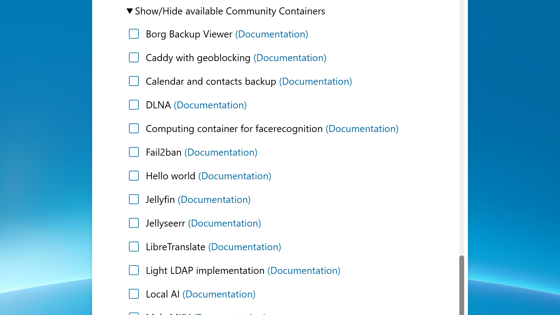 Nextcloud AIO Community Containers - open list of containers