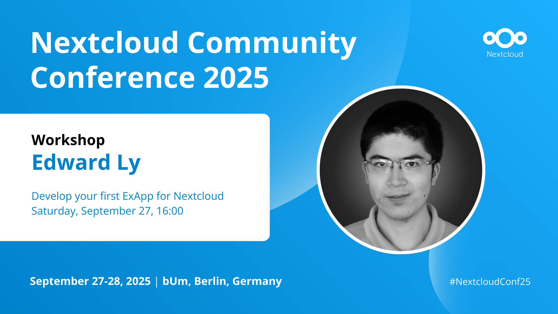 Image card for the Nextcloud Community Conference workshops by Edward Ly showing the title and a profile pic of Edward