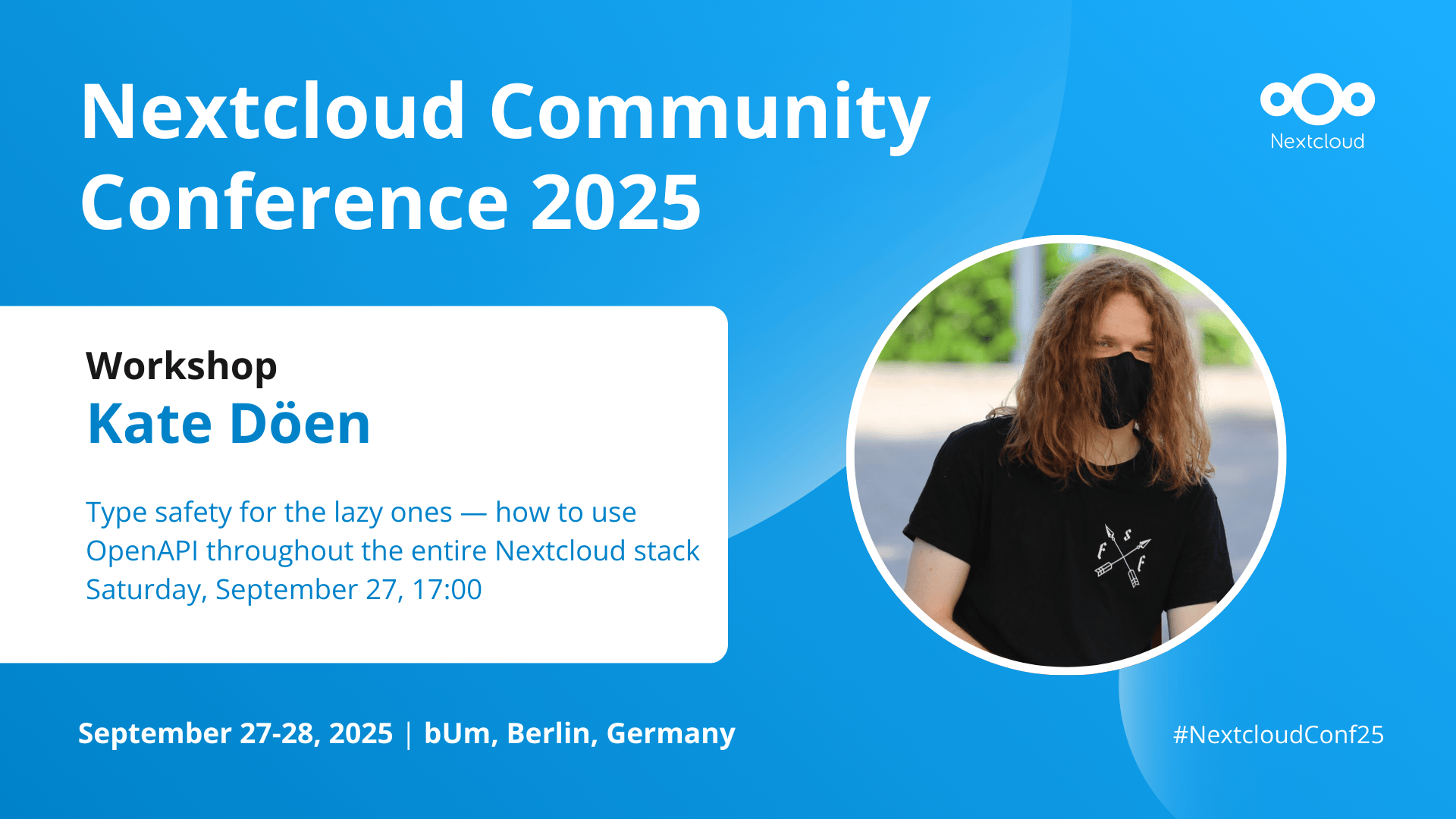 Image card for the Nextcloud Community Conference workshops by Kate Döen showing the title and a profile pic of Kate