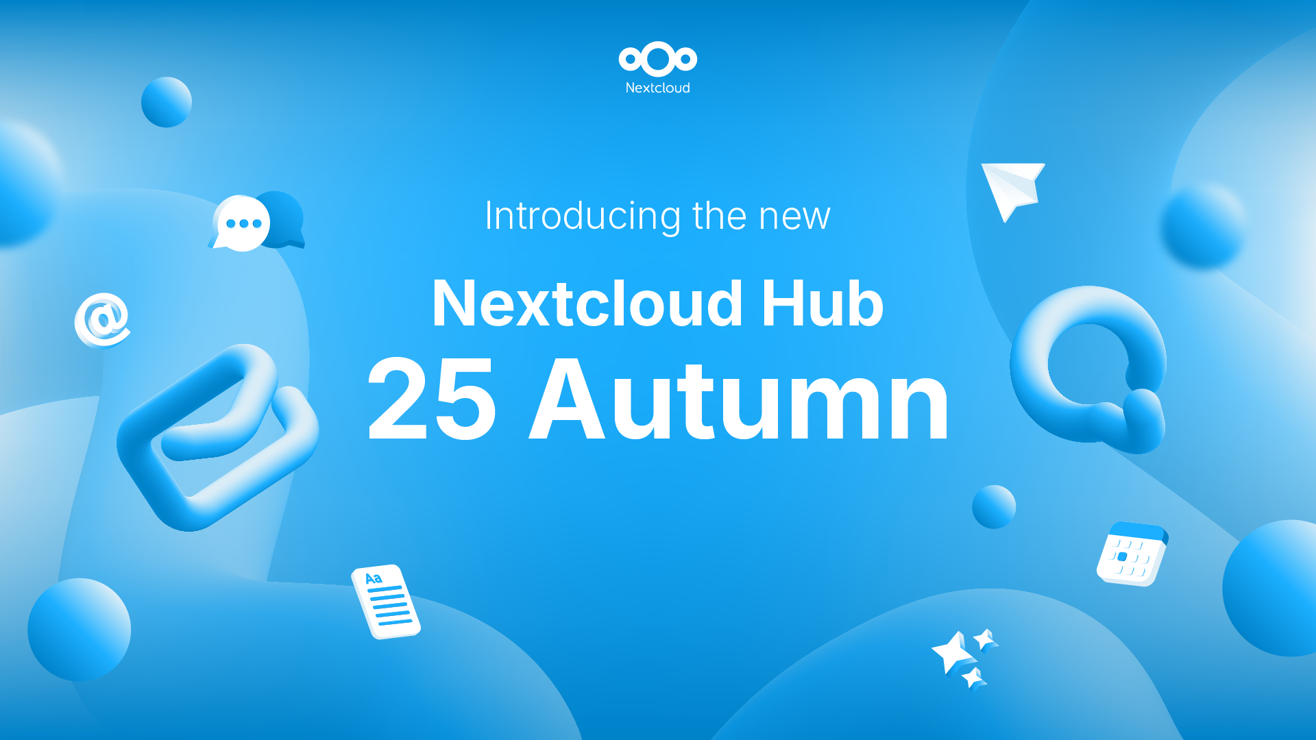 Image featuring the words "Introducing the new Nextcloud Hub 25 Autumn" on a blue background with tech icons 