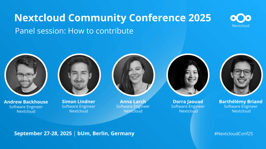 Image for the panel "How to contribute" at the Nextcloud Community Conference 2025 featuring profile pics of the five speakers