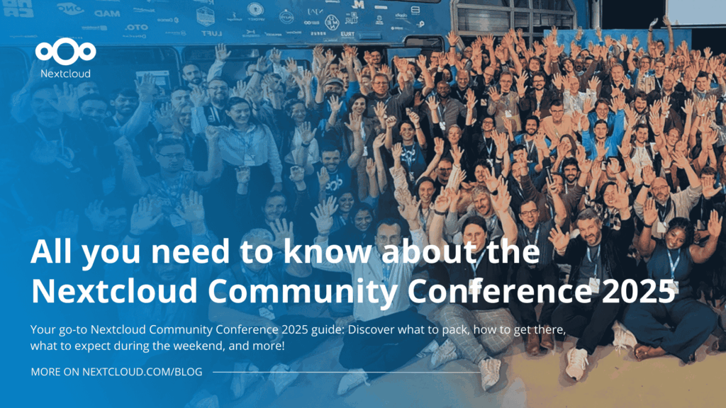Featured image for the blog post "All you need to know Nextcloud Community Conference 2025" showing the title as well as group picture of the Nextcloud community