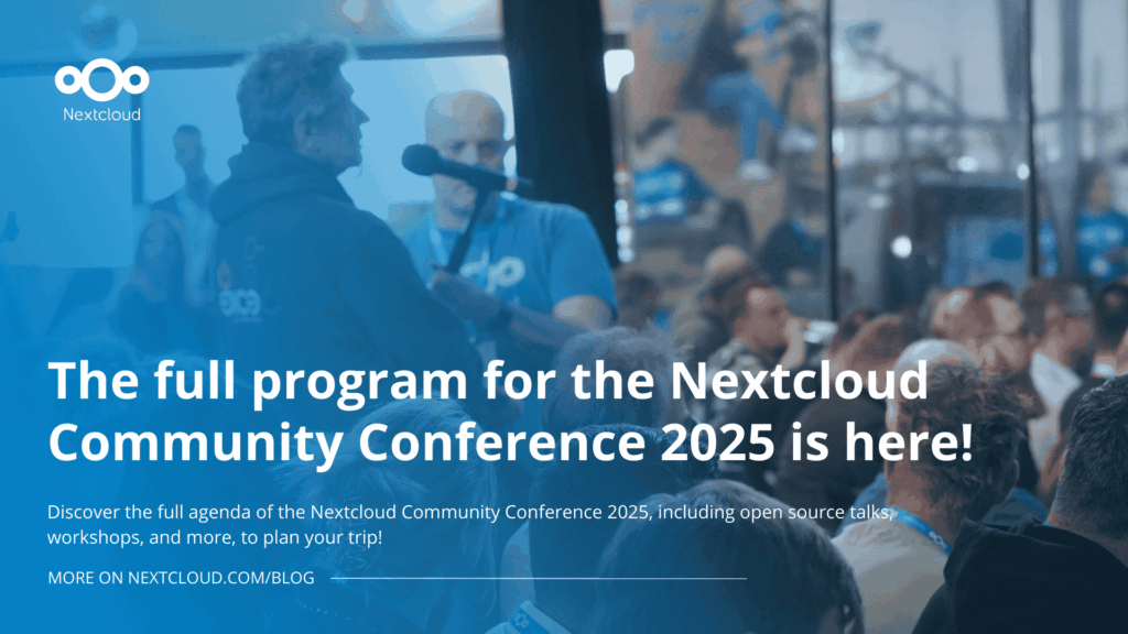 Featured image for the blog post "The full program for the Nextcloud Community Conference 2025 is here! Welcoming open source enthusiasts from around the world". The picture shows a man asking a question during a workshop, as well as the title of the blog post.