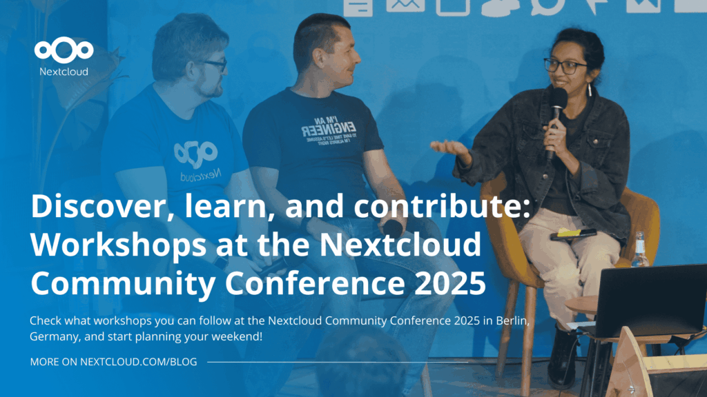 Nextcloud Community Conference 2025 workshops blog featured image. A woman holds a microphone while talking to two men on a stage. They are all seated and smiling.