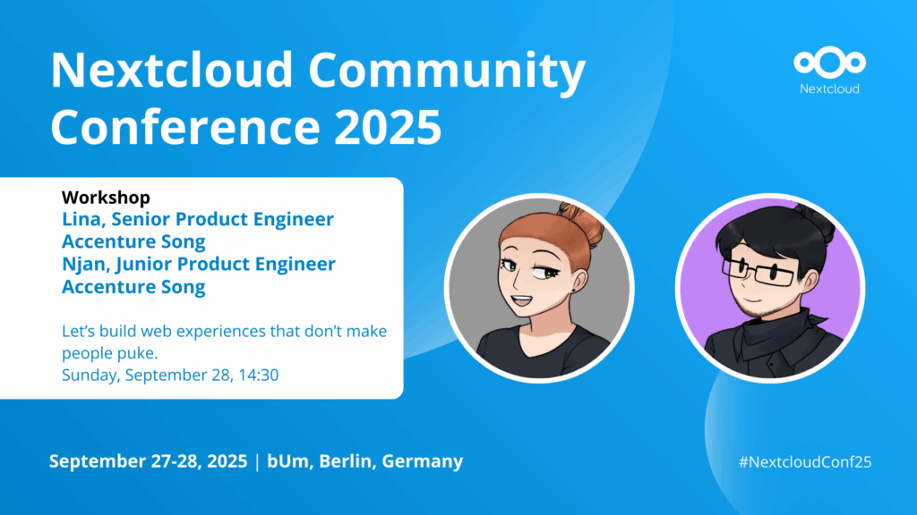 Image card for the Nextcloud Community Conference workshops by Line and Njan, showing the title and two avatars as profile pics