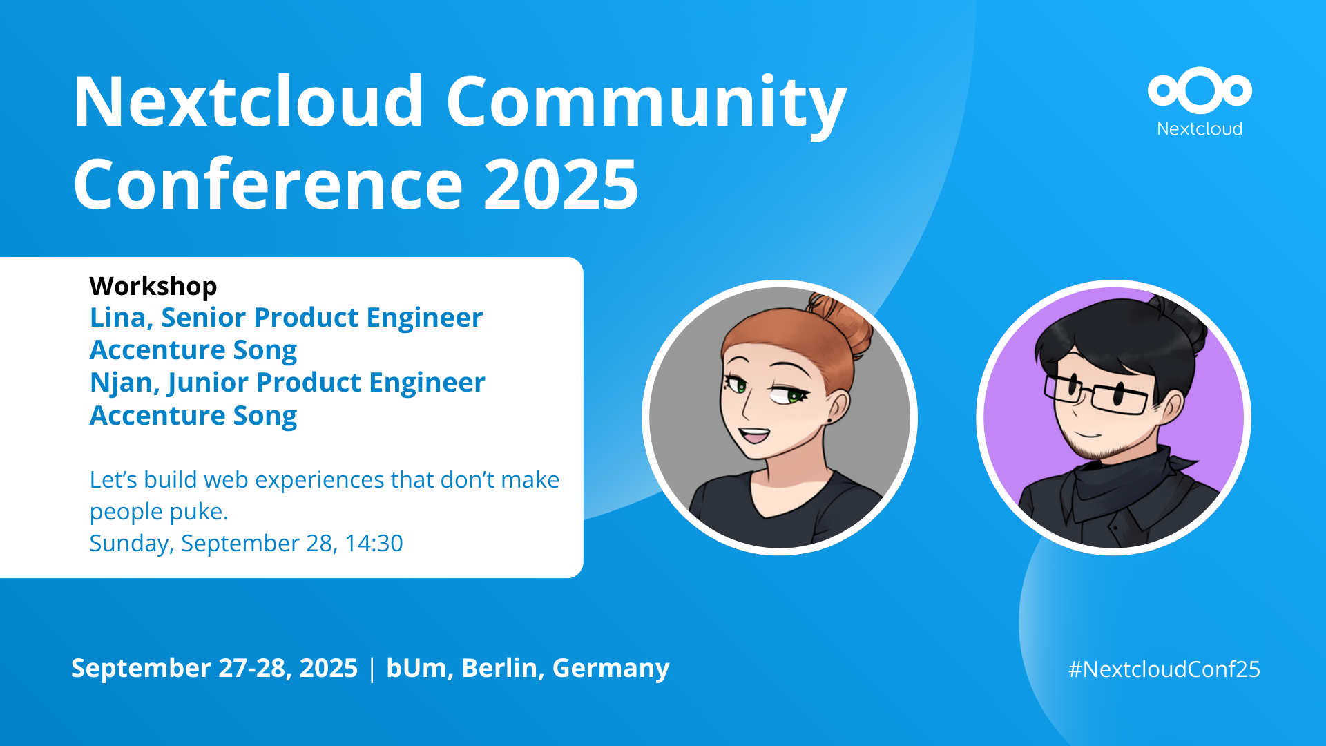 Image card for the Nextcloud Community Conference workshops by Line and Njan, showing the title and two avatars as profile pics