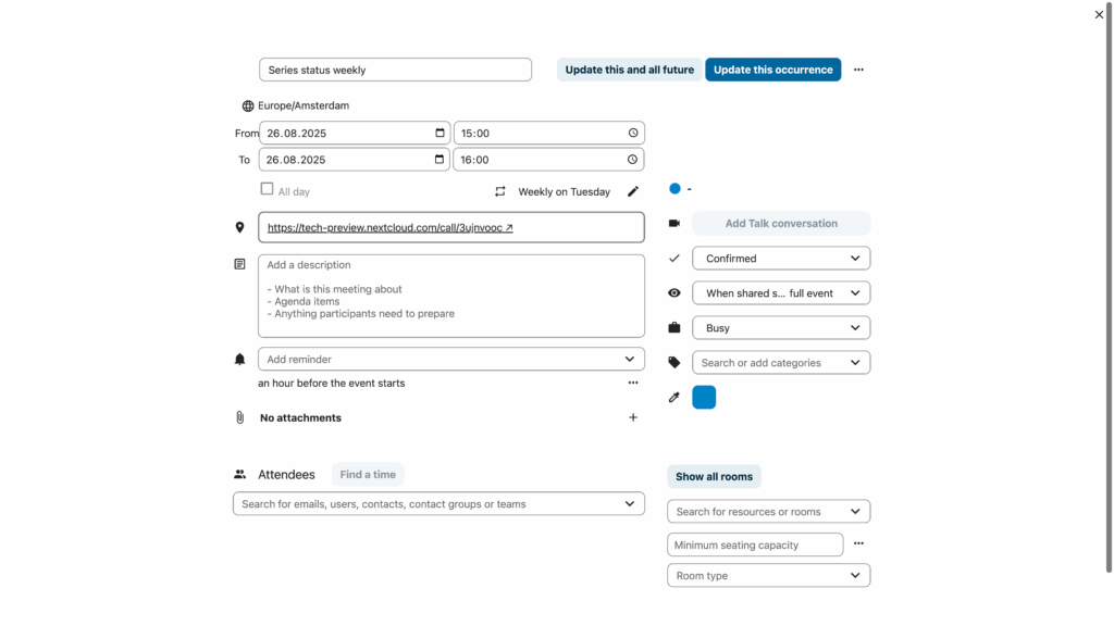 Nextcloud Calendar full screen event detail view screenshot