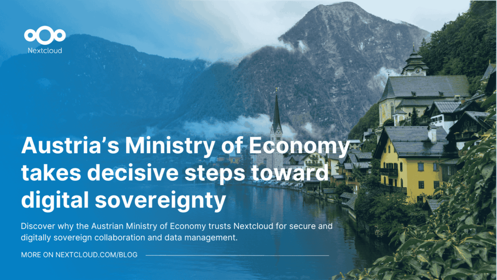 Featured image for the blog post "Austrian Ministry of Economic Affairs takes decisive steps towards digital sovereignty" showing a background with a typical Austrian village at a lake in the mountains.