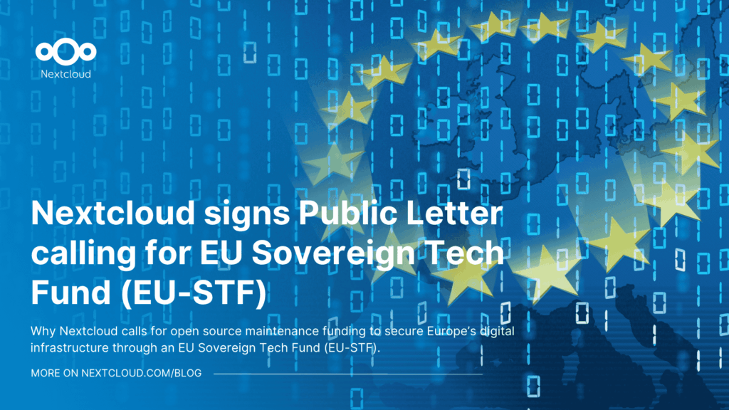 Featured image for the blog post "Nextcloud signs Public Letter calling for EU Sovereign Tech Fund (EU-STF)" showing the EU flag and binary code.