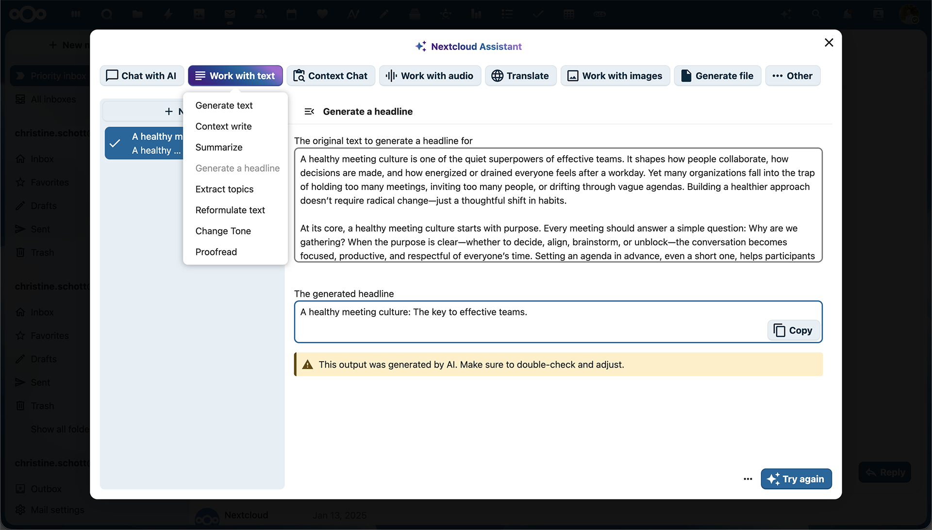 Nextcloud Assistant – work with text features