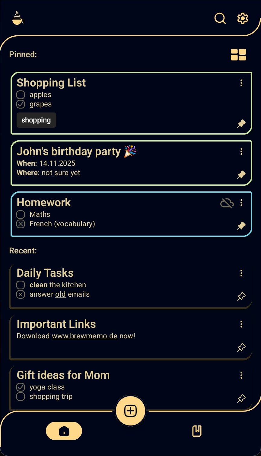 BrewMemo Home Dark theme