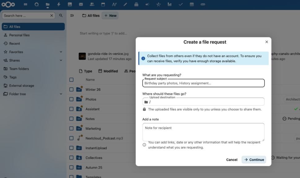 Nextcloud File Drop Screenshot Create a file request information
