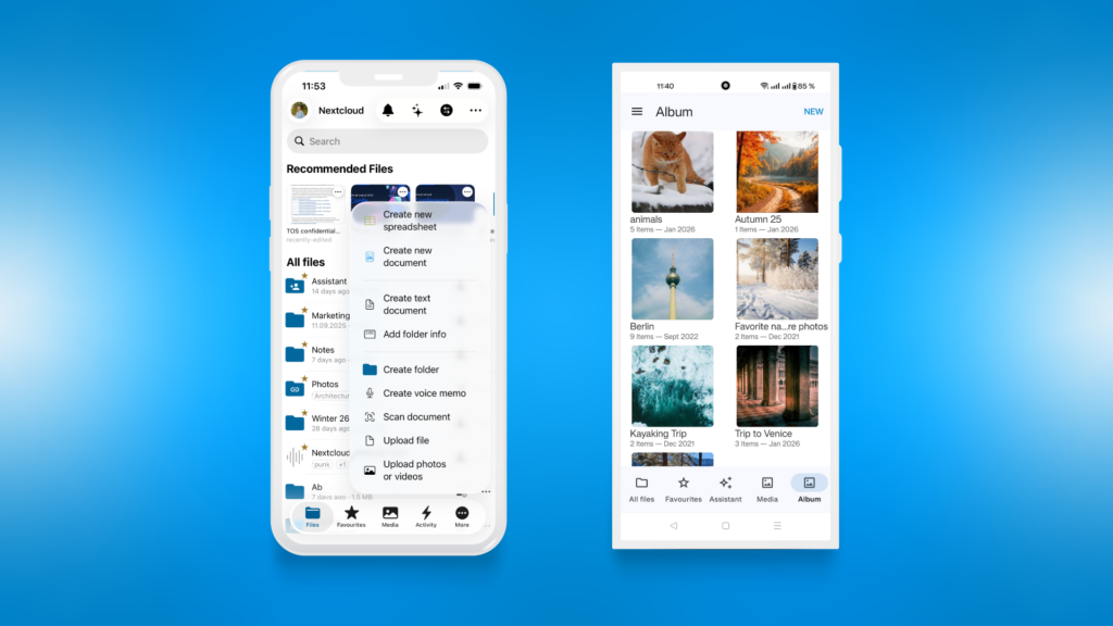 Nextcloud Hub 26 Winter mobile client mockup