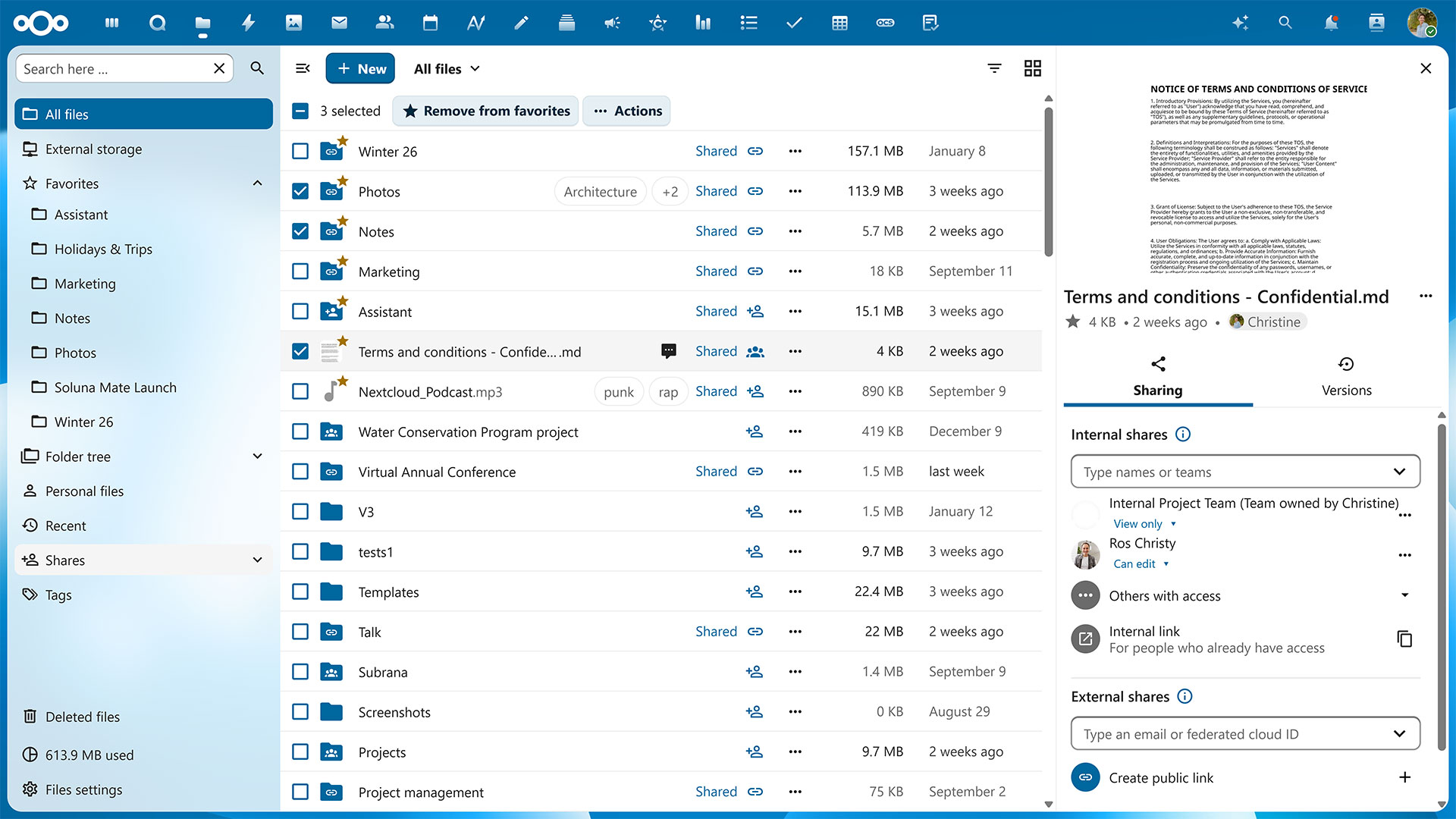 Nextcloud Files dashboard in Hub 26 Winter showing folders, sharing, and the redesigned navigation