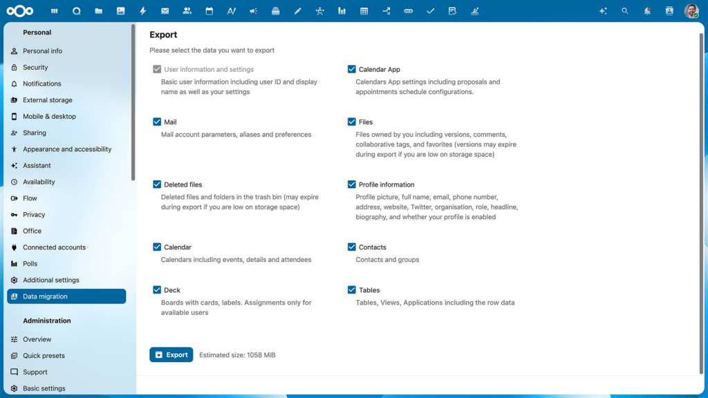 Nextcloud Hub 26 Winter - data migration settings