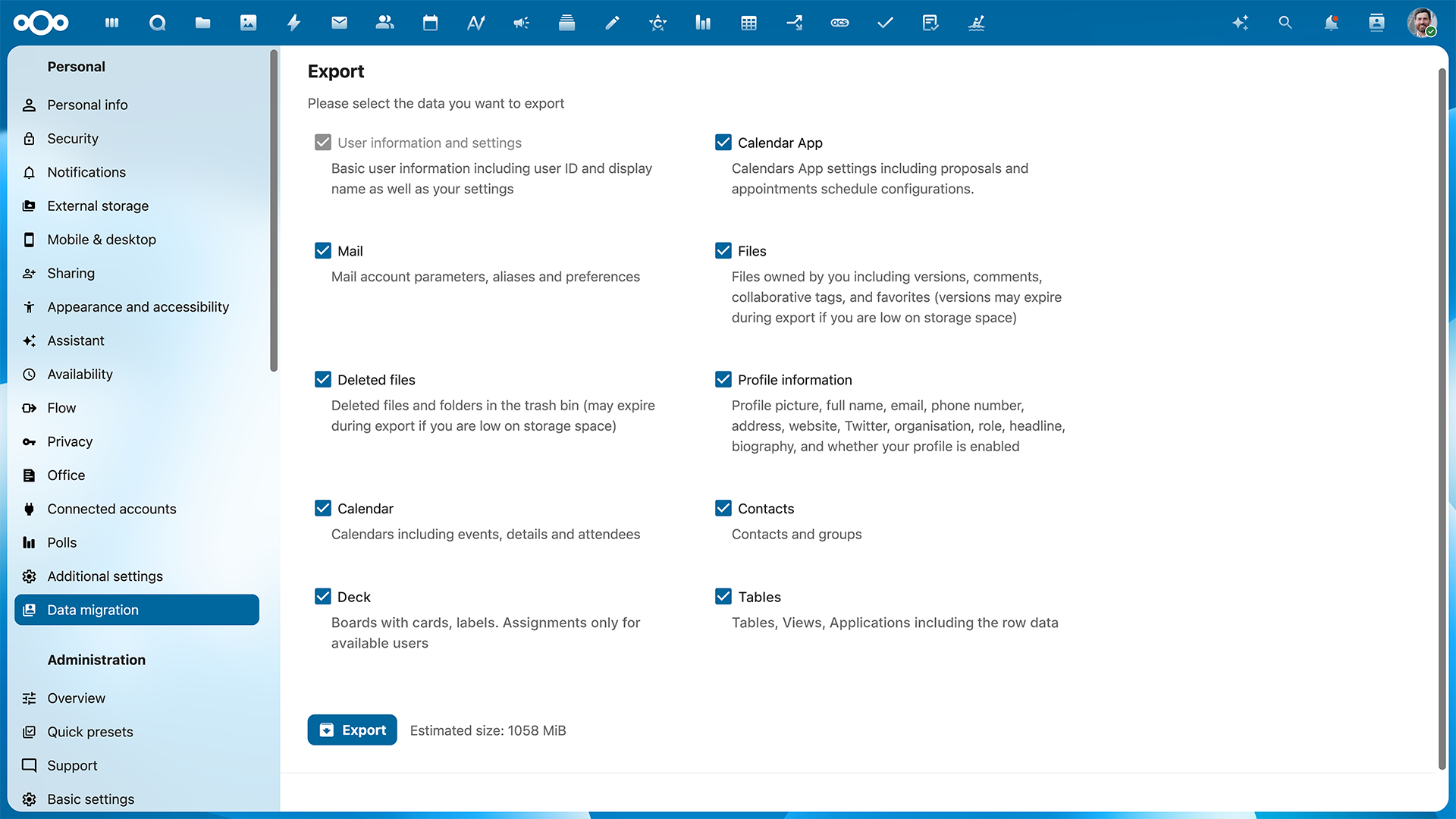 Nextcloud Hub 26 Invierno - configuraciones de migración de datos
