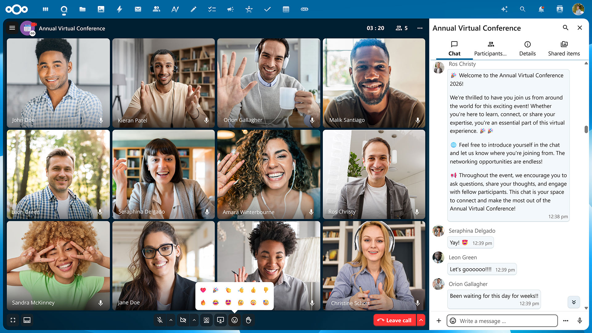 Nextcloud Talk video meeting interface with grid view, controls, and breakout rooms