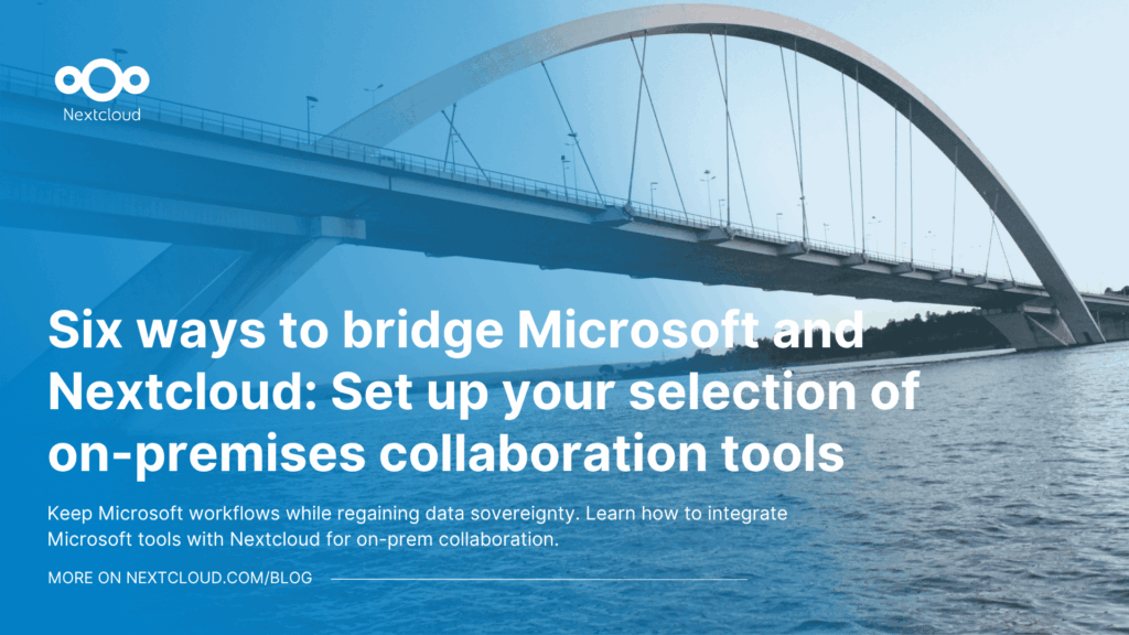 Featured image for the blog post "Six ways to bridge Microsoft and Nextcloud: Set up your selection of on premise collaboration tools" showing a bridge over a canal