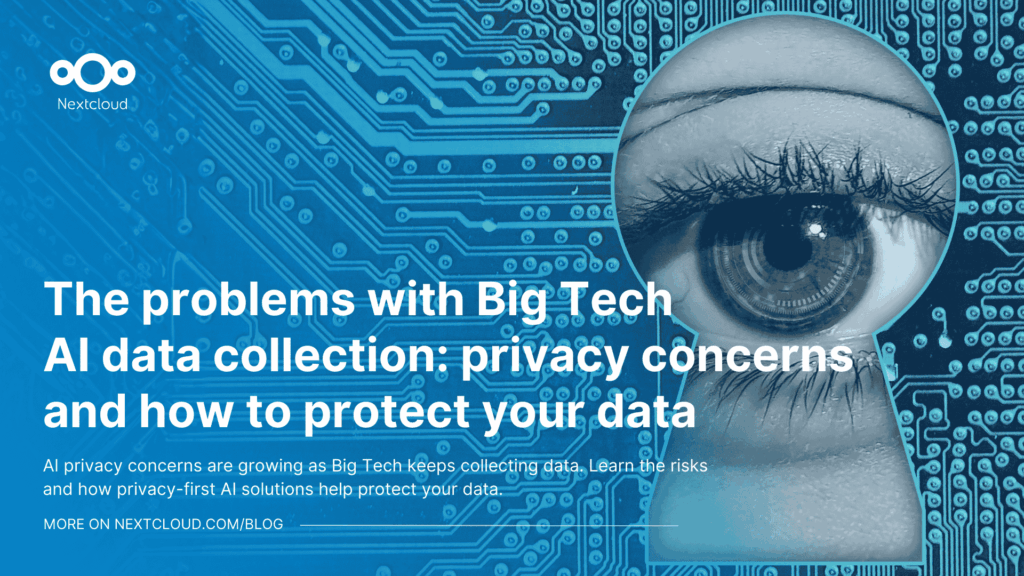 Blog featured image: "The problems with Big Tech data collection: AI privacy concerns and how to protect your data" showing an eye looking through a keyhole