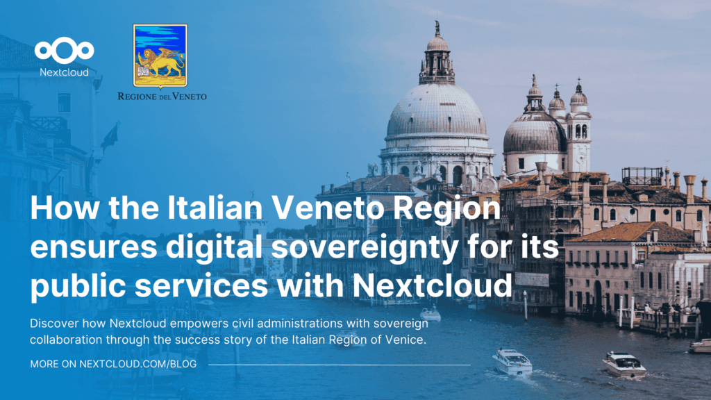 Featured image for the blog post "How the Italian Veneto Region ensures digital sovereignty for its public services with Nextcloud" showing the Nextcloud and Regione del Veneto logo and a background image of Venice
