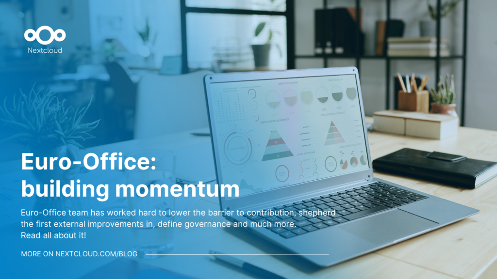 featured image with the text Euro-Office: building momentum and a laptop with some office apps in the background