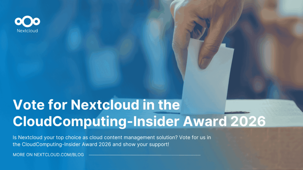 Featured image for the blog post "Vote for Nextcloud in the CloudComputing-Insider Award 2026" showing a hand putting a vote in a box