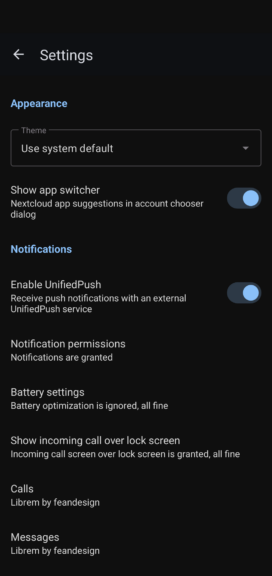 Enabling UnifiedPush in the settings of the Nextcloud Talk Android app