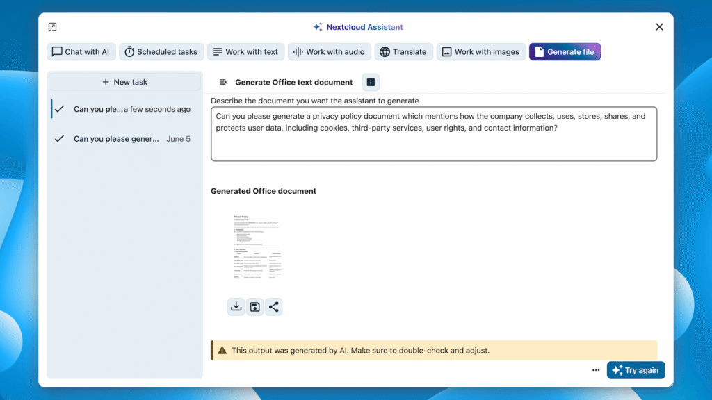 Nextcloud Assistant Document generation with AI – Hub 26 Summer