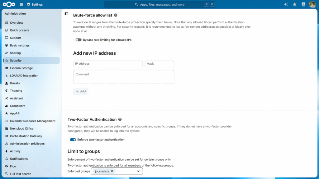 Nextcloud Settings Brute force protection – Hub 26 Summer