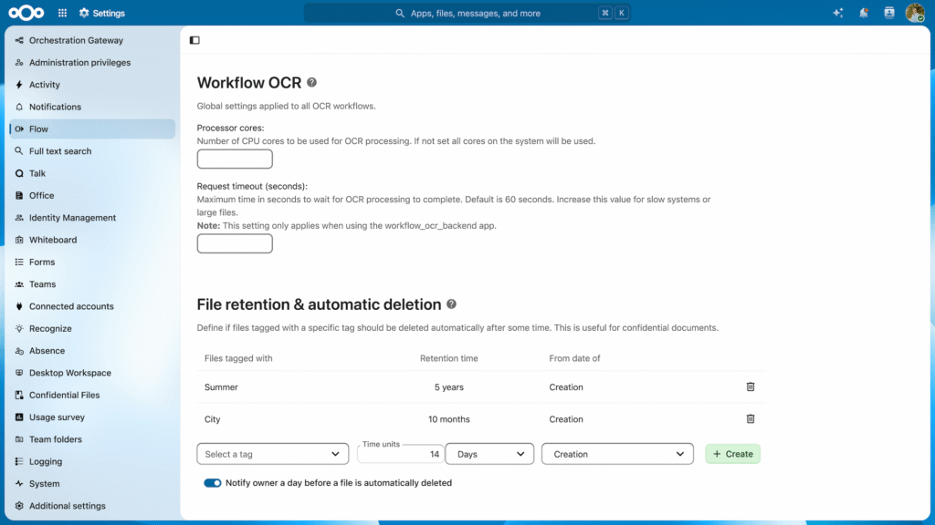 Nextcloud Settings Data retention – Hub 26 Summer