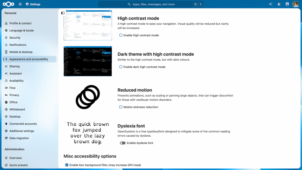 Nextcloud Settings Dyslexia font – Hub 26 Summer