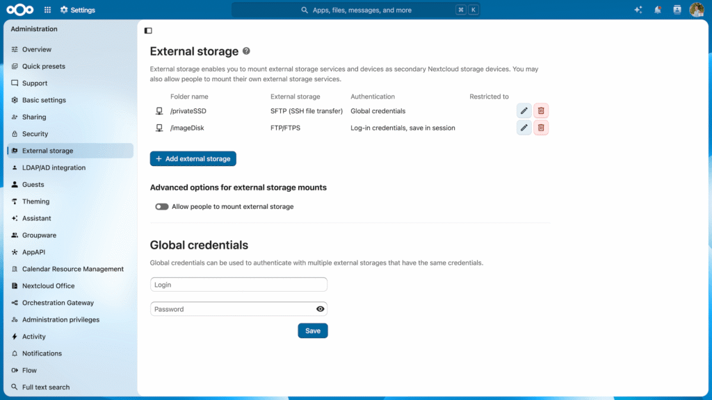 Nextcloud Settings External storage – Hub 26 Summer