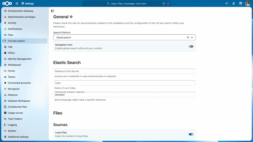 Nextcloud Settings Full text search – Hub 26 Summer