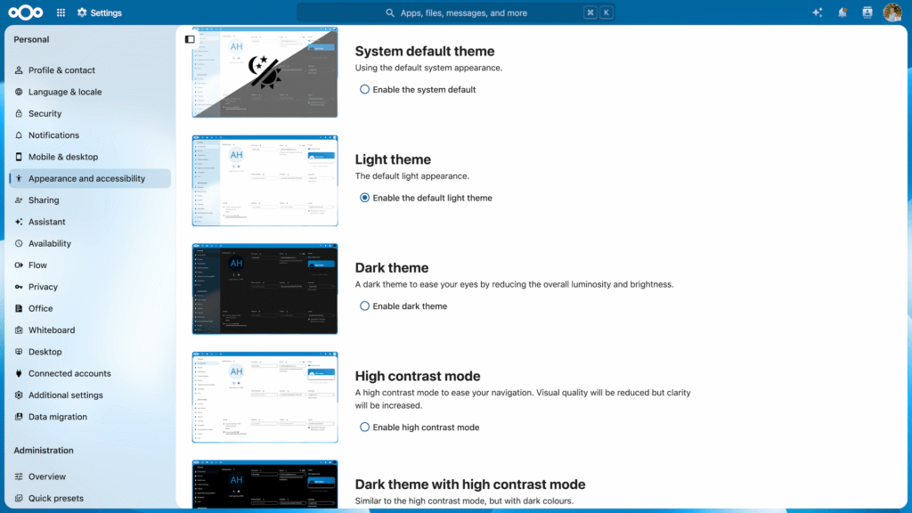 Nextcloud Settings High contrast mode – Hub 26 Summer