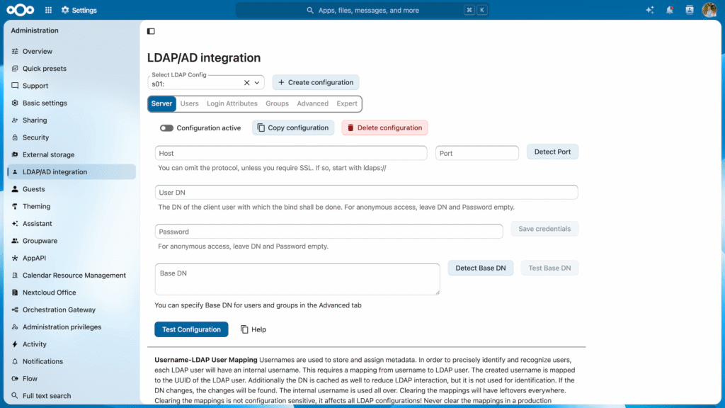 Nextcloud Settings LDAP/AD integration – Hub 26 Summer
