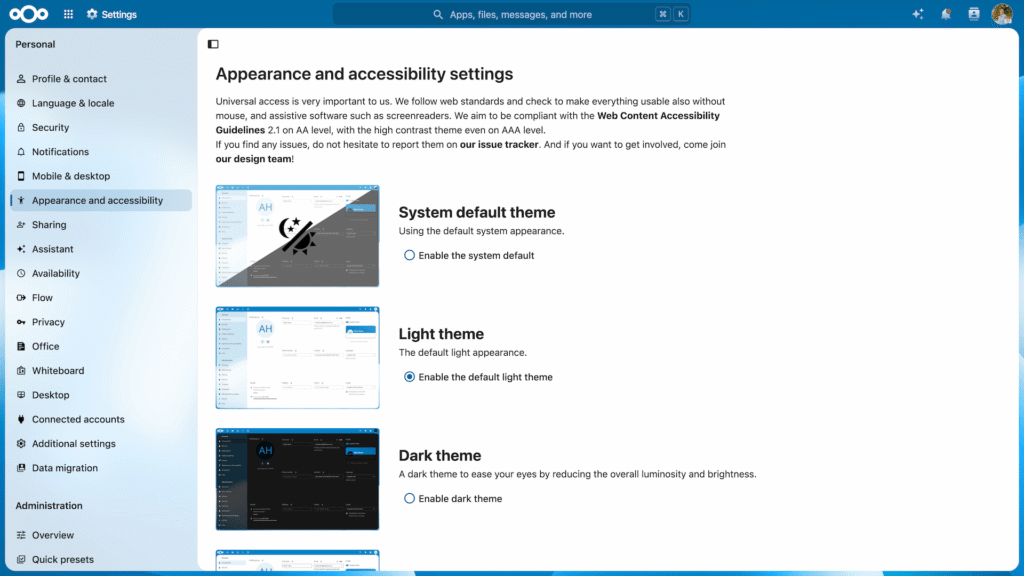 Nextcloud Settings light/dark theme – Hub 26 Summer