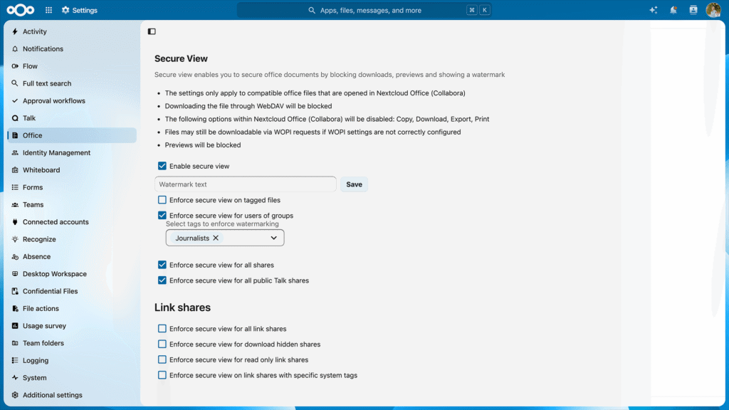 Nextcloud Settings Secure view – Hub 26 Summer