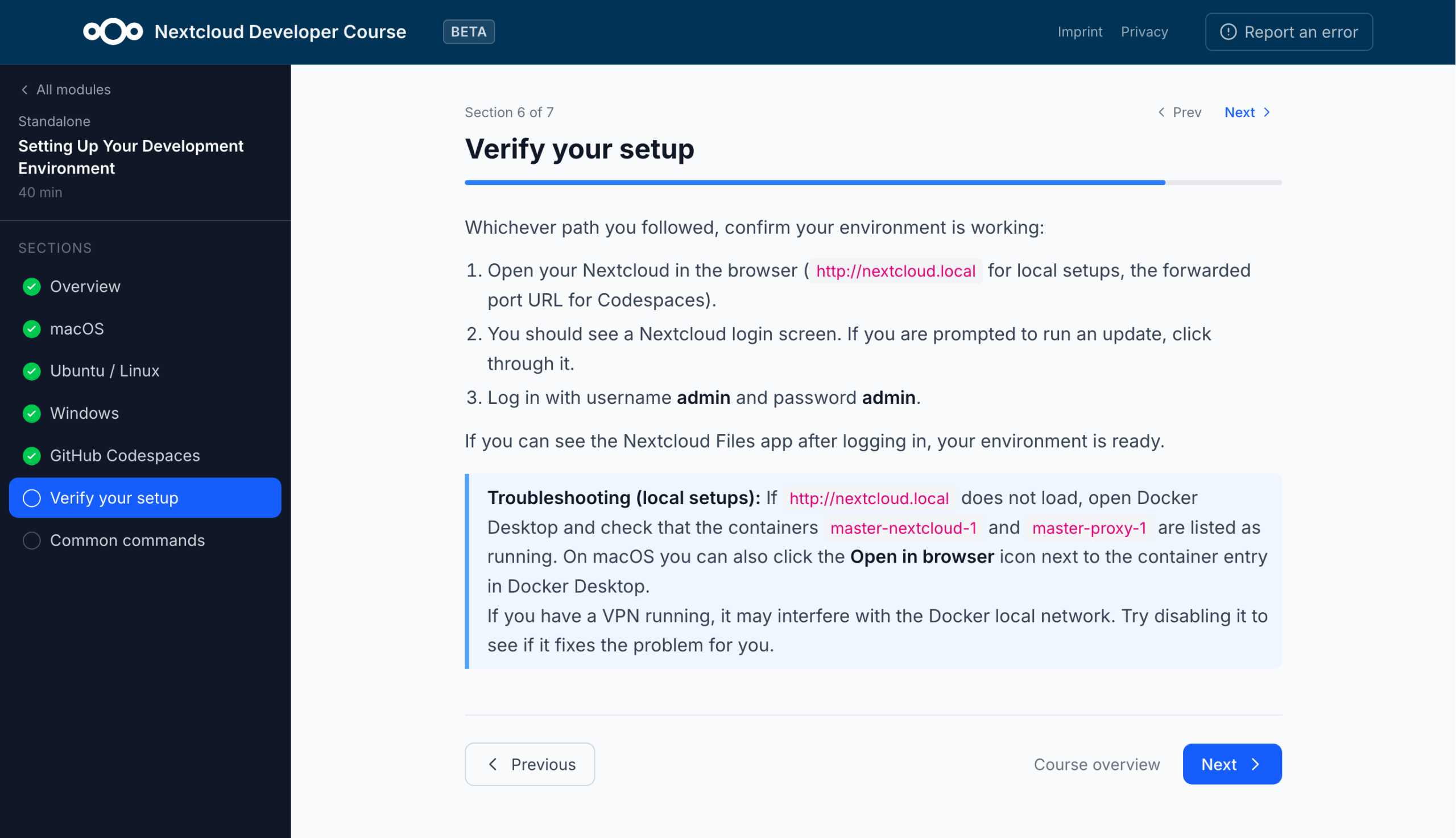 The environment setup module in Nextcloud Academy