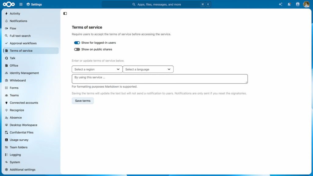 nextcloud-settings-admin-terms-of-service Nextcloud settings admin terms of service