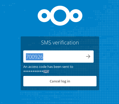 entering sms code in Nextcloud login dialog